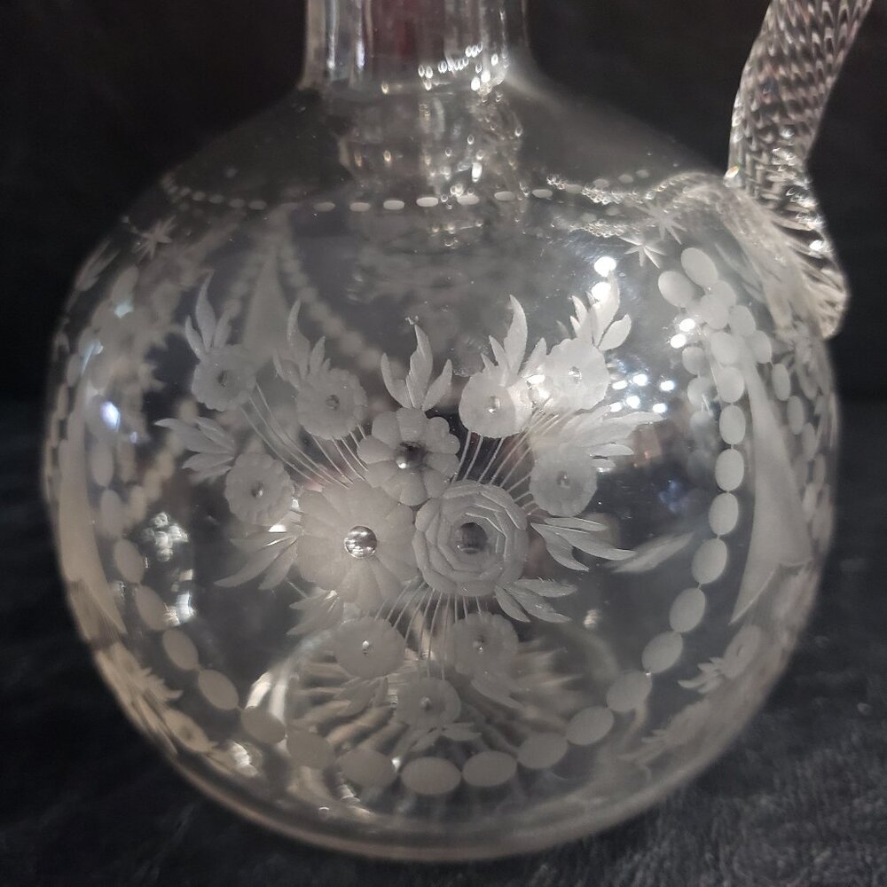 Vintage Victorian Hand Blown Decanter with Floral Bouquet and Bead Draping